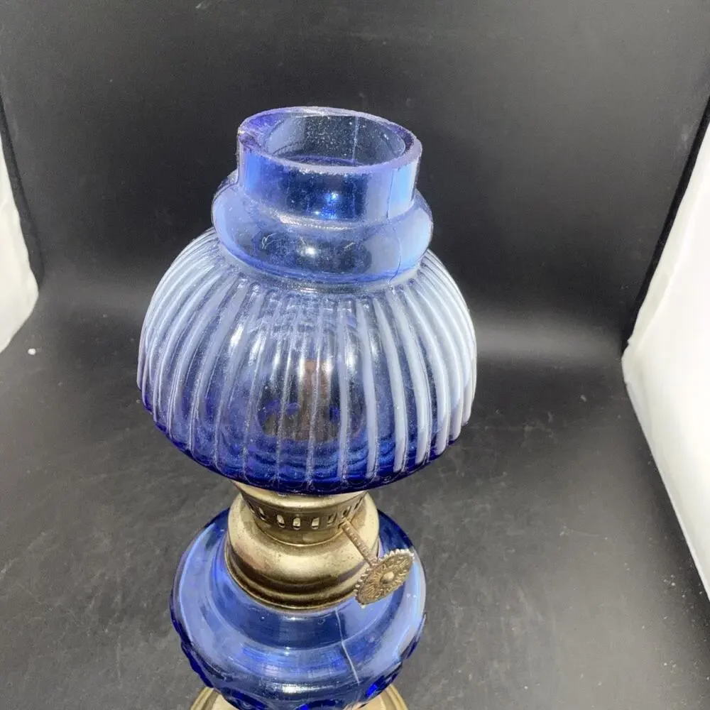 Vintage Hong Kong Cobalt Blue Glass Mini Oil Lamp Kerosene Lamp Brass Base